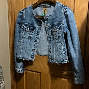 Collarless Cropped Icon Denim Jacket